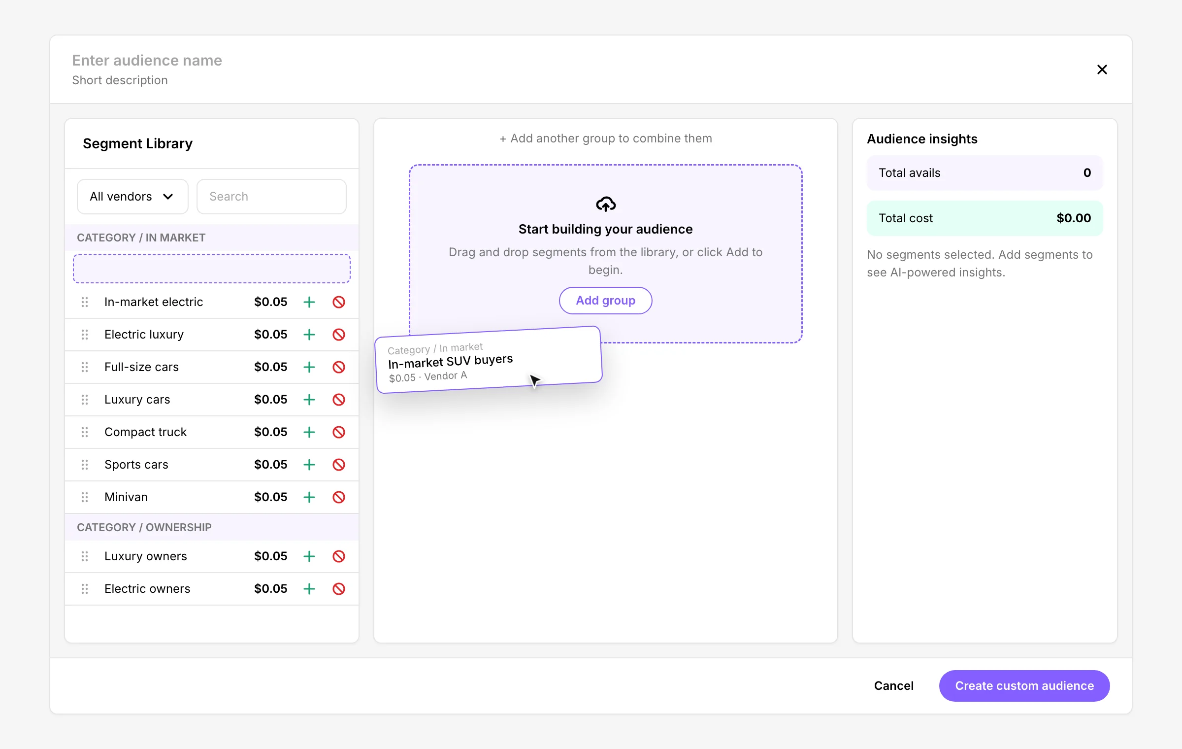 Empty Custom Audience builder with a drop zone, and a segment being dragged in from the library