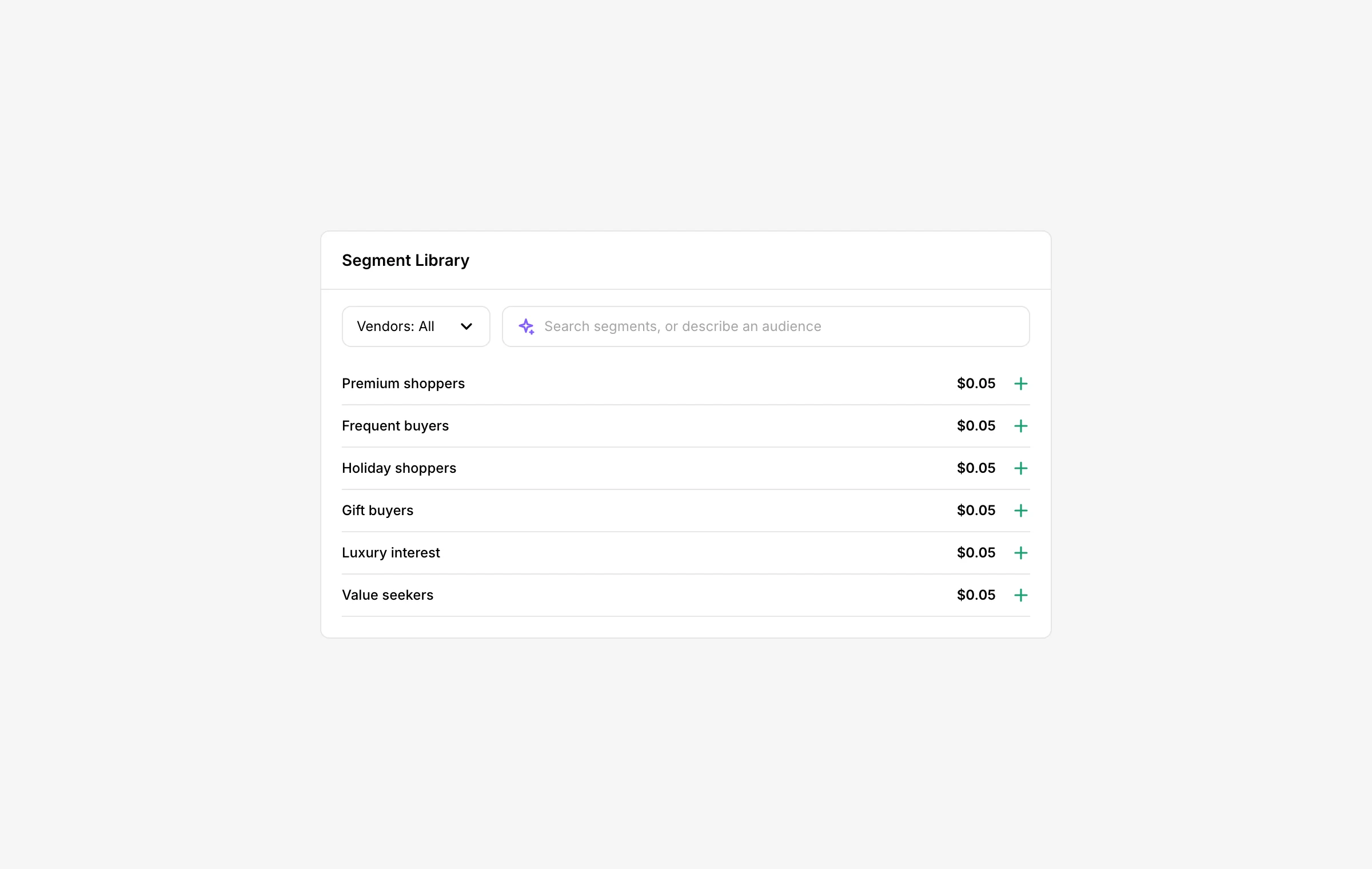 Segment library search with an AI icon and a plain list of segments