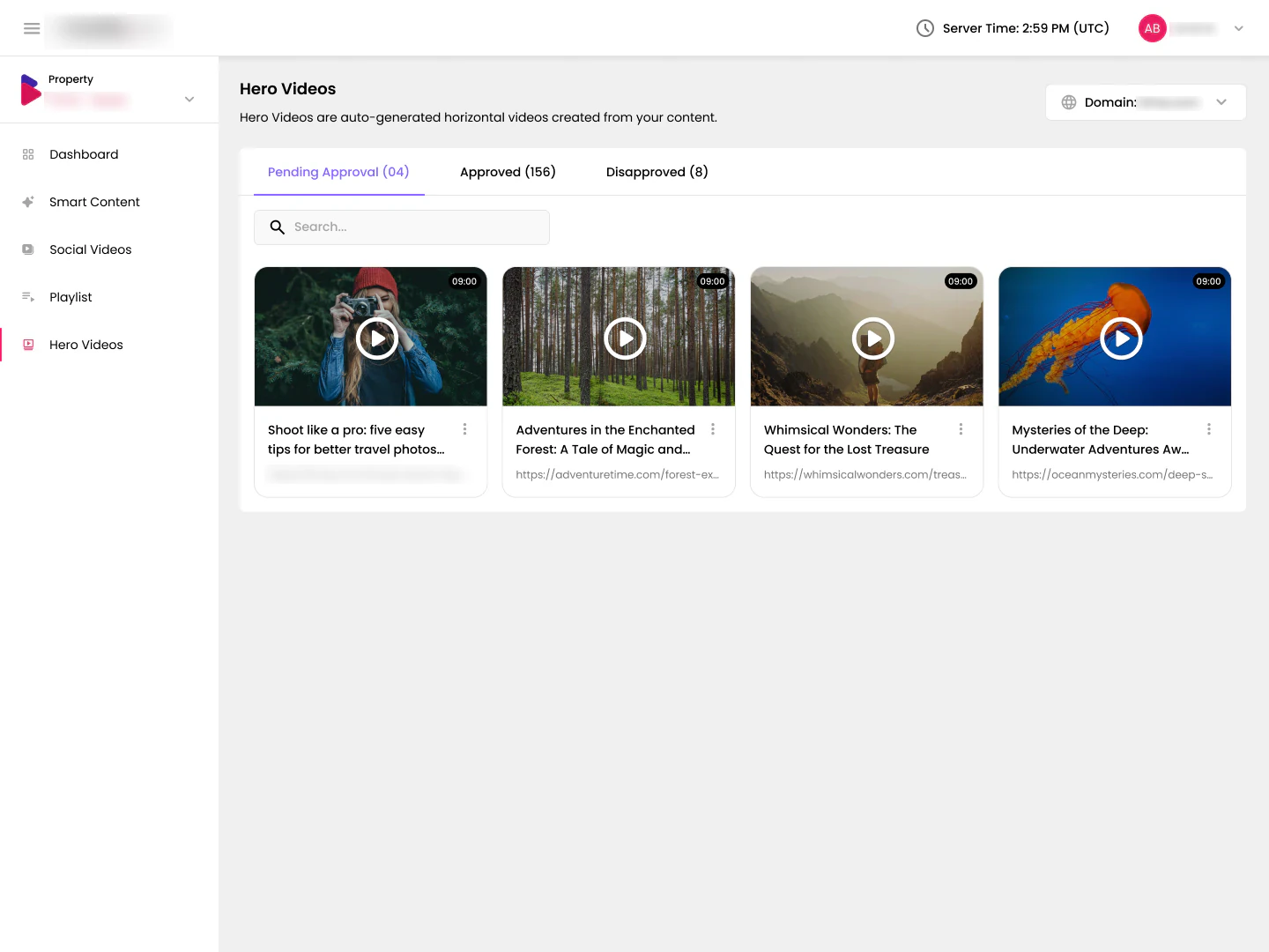 Hero Videos queue with horizontal thumbnails, using the same tabs and layout as Smart Content