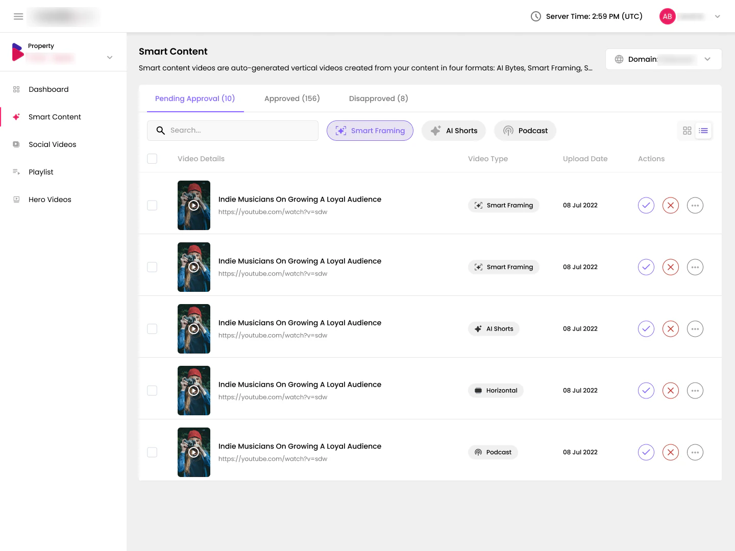 Smart Content list view with video details, format and actions in rows