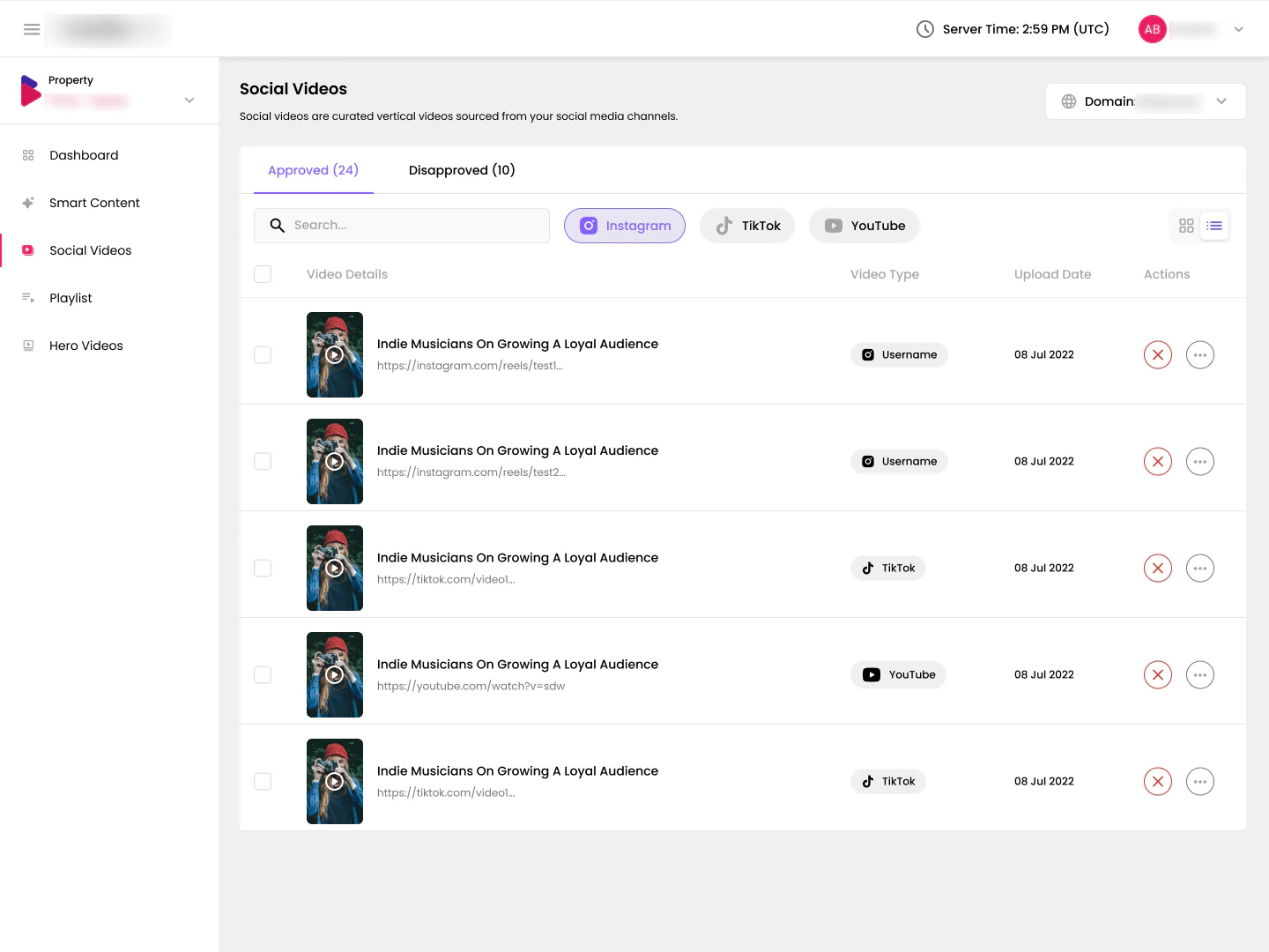 Social Videos list view with source filters, video type pill for Instagram, TikTok or YouTube, upload date and actions