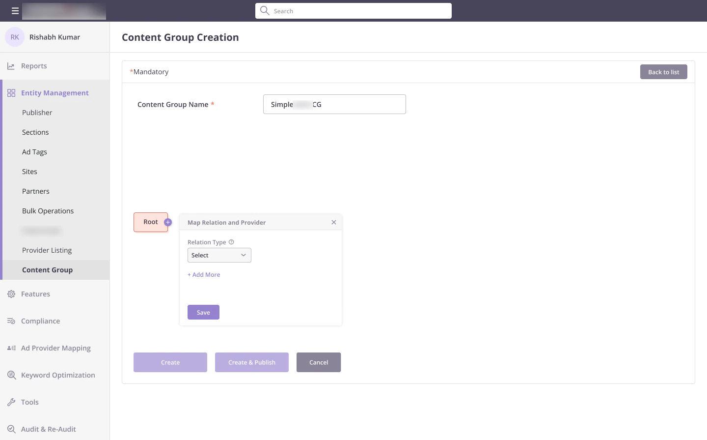 Content group creation with the Map Relation and Provider popover open from the Root node