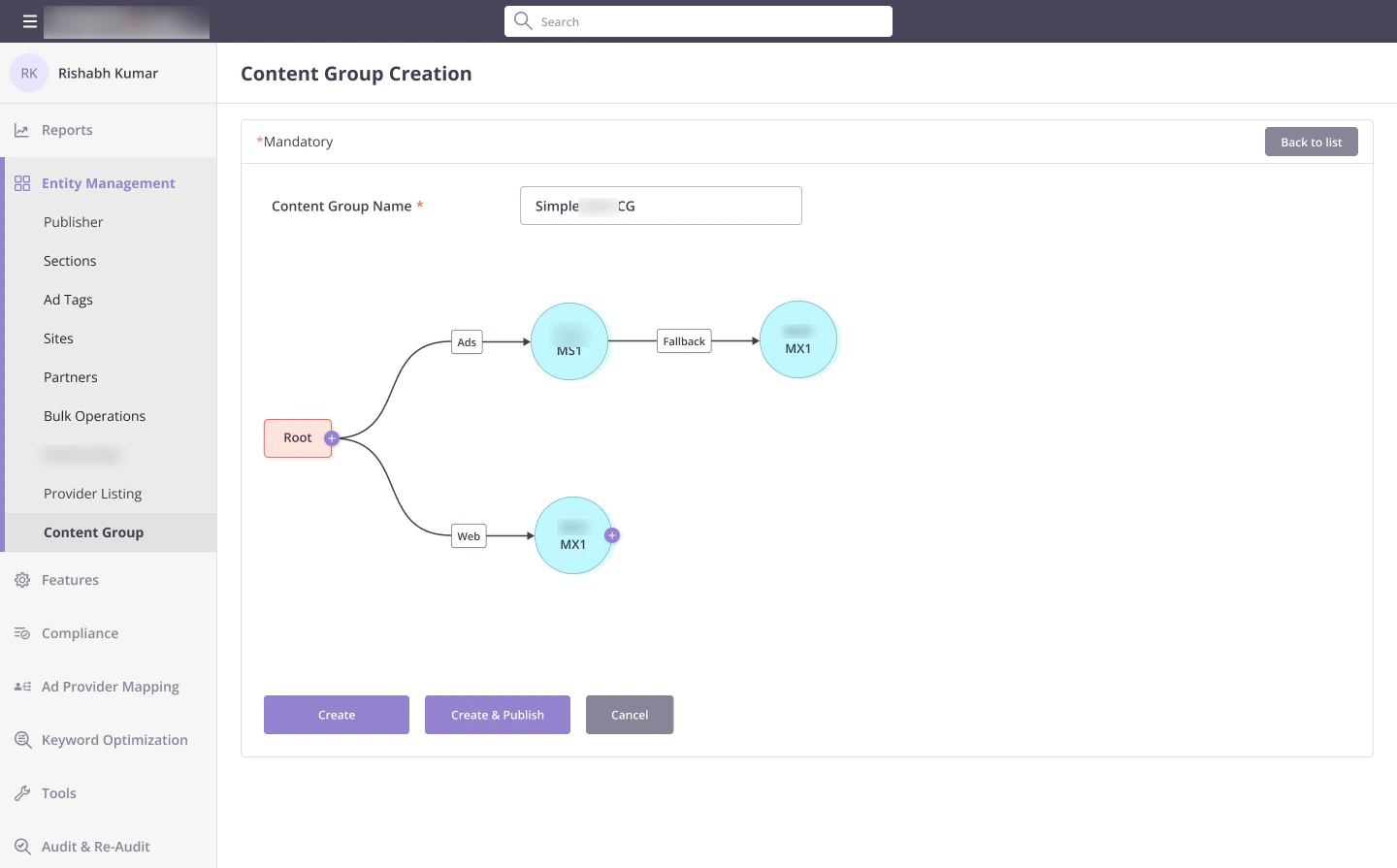 Finished content group graph: Root to Bing via Ads with a MAX fallback, and Root to MAX via Web