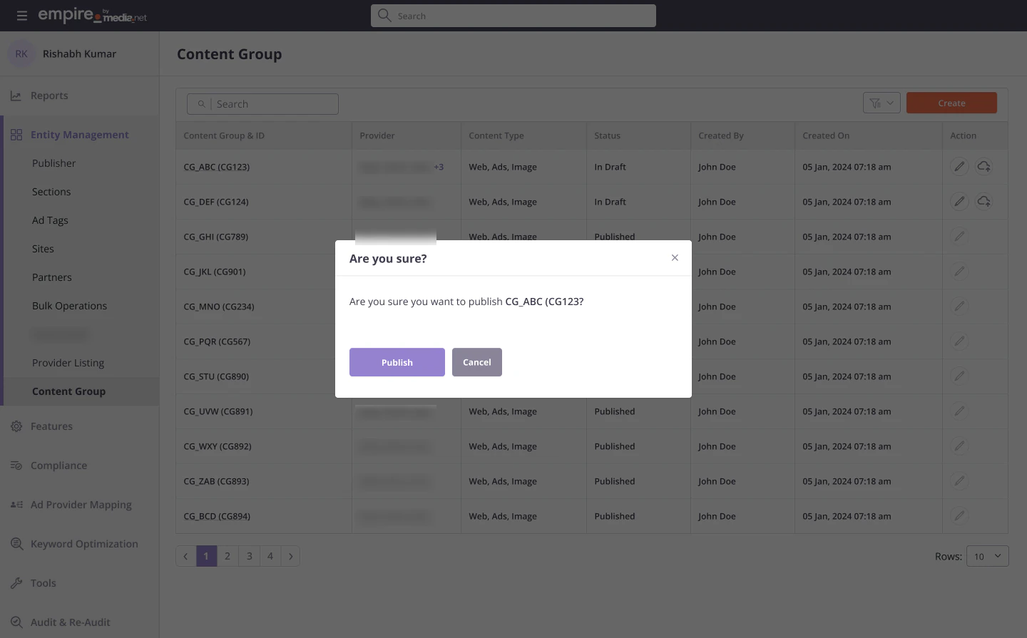 Confirmation dialog asking to publish a content group
