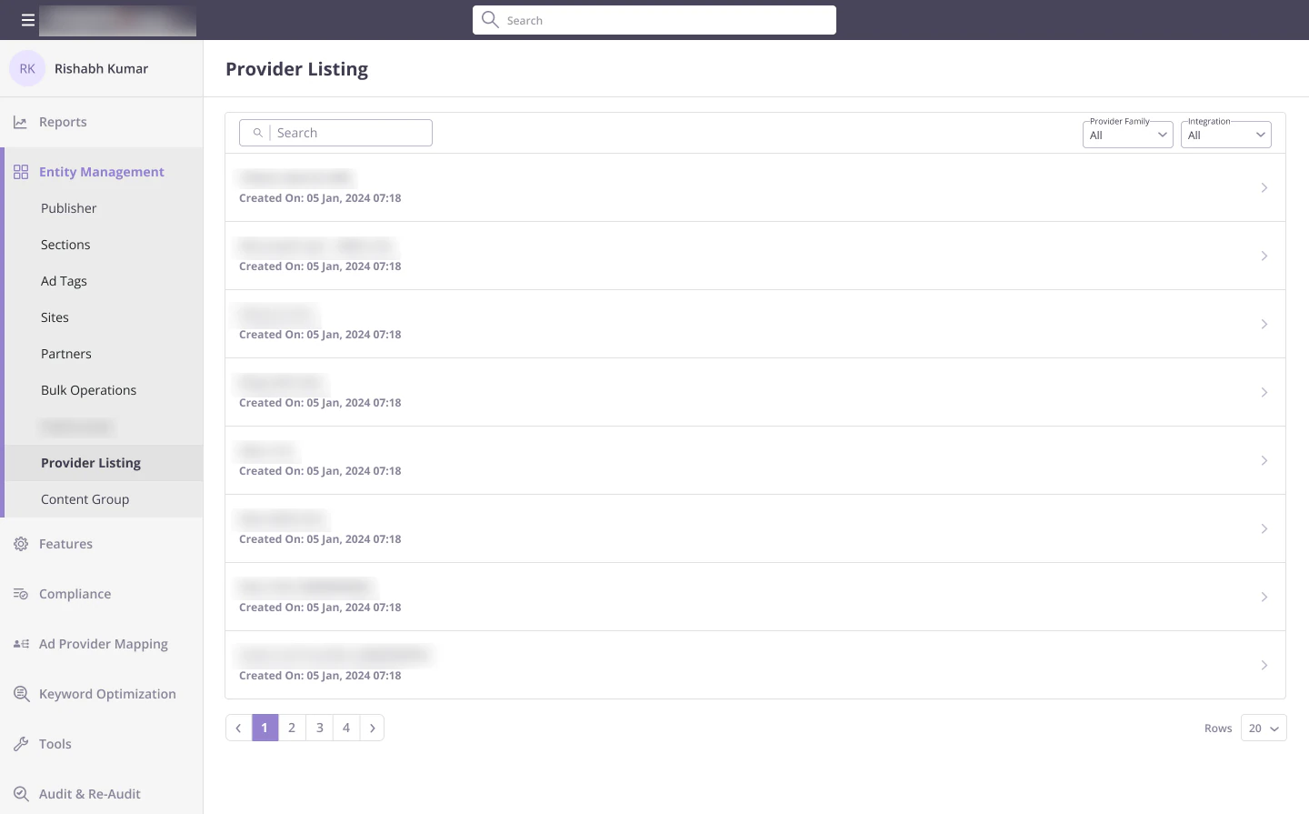 Provider listing with search and filters for provider family and integration
