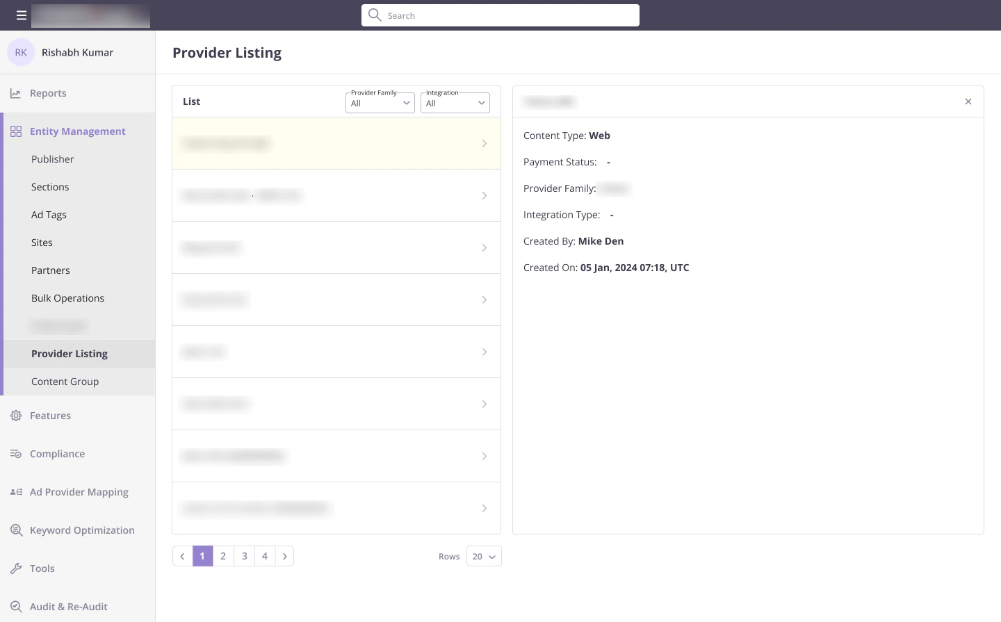 Provider listing with the details panel open for Yahoo