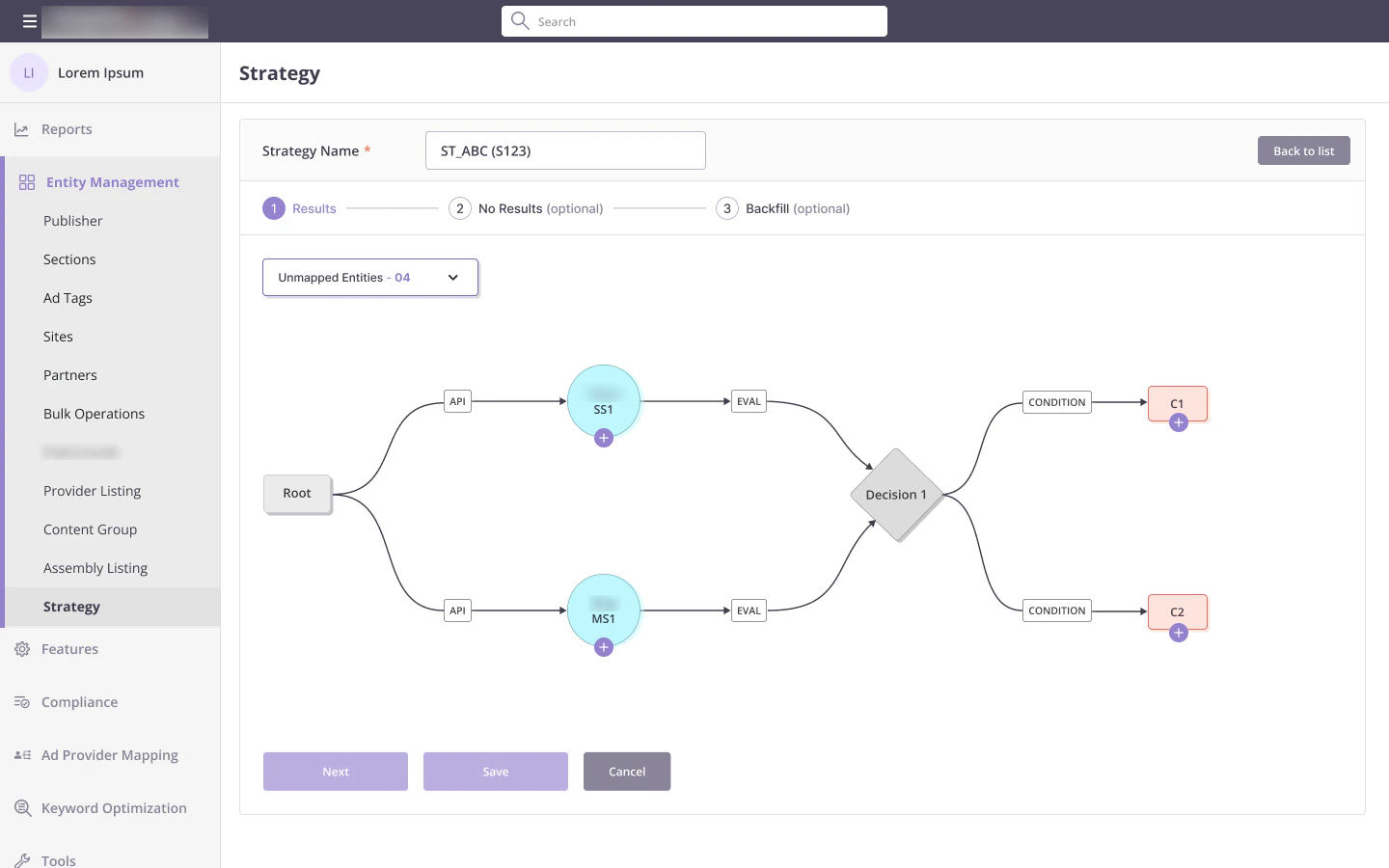 Strategy graph with Unmapped Entities at 04 and plus icons on each node