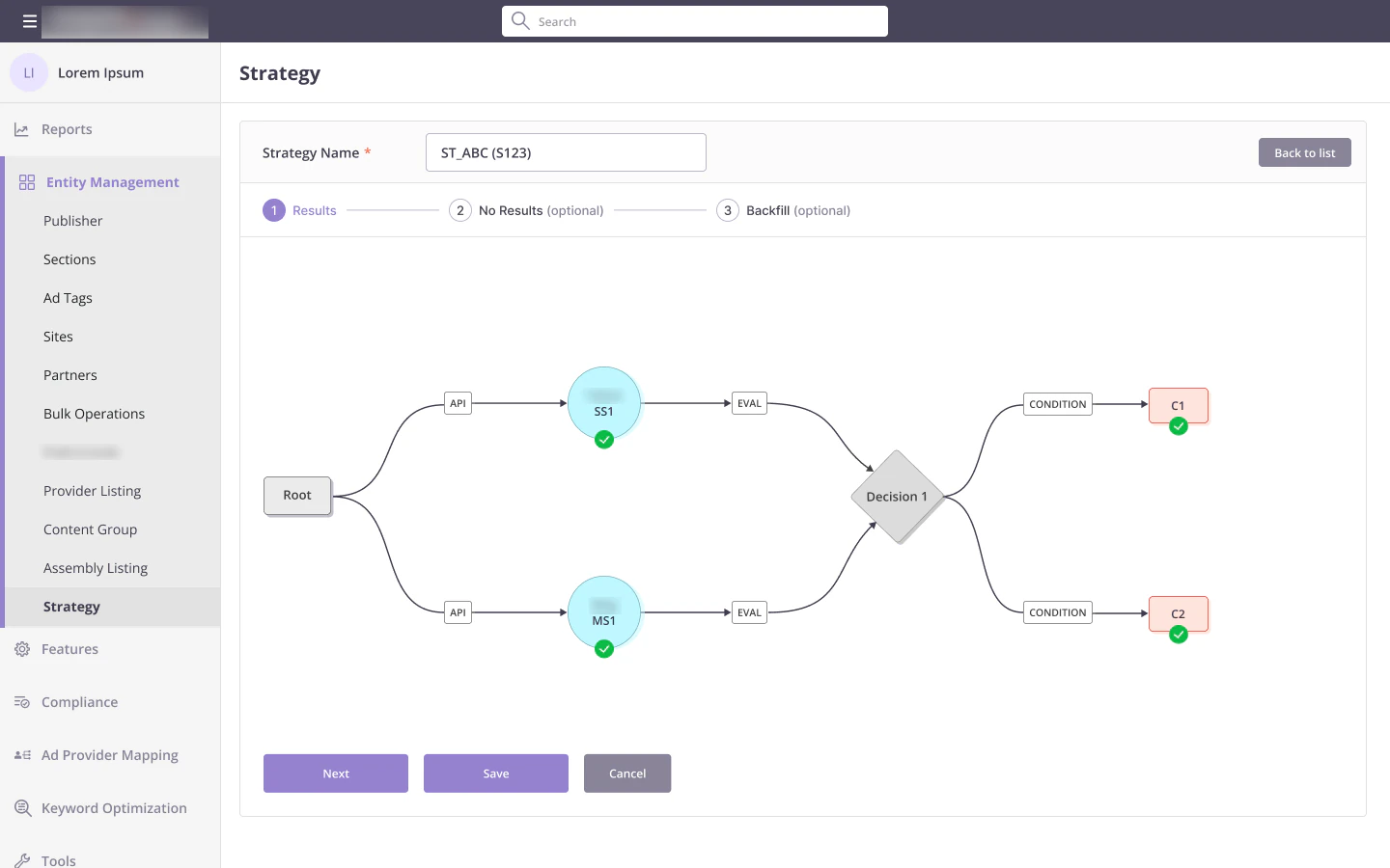 Strategy graph with every node showing a green check and Next enabled
