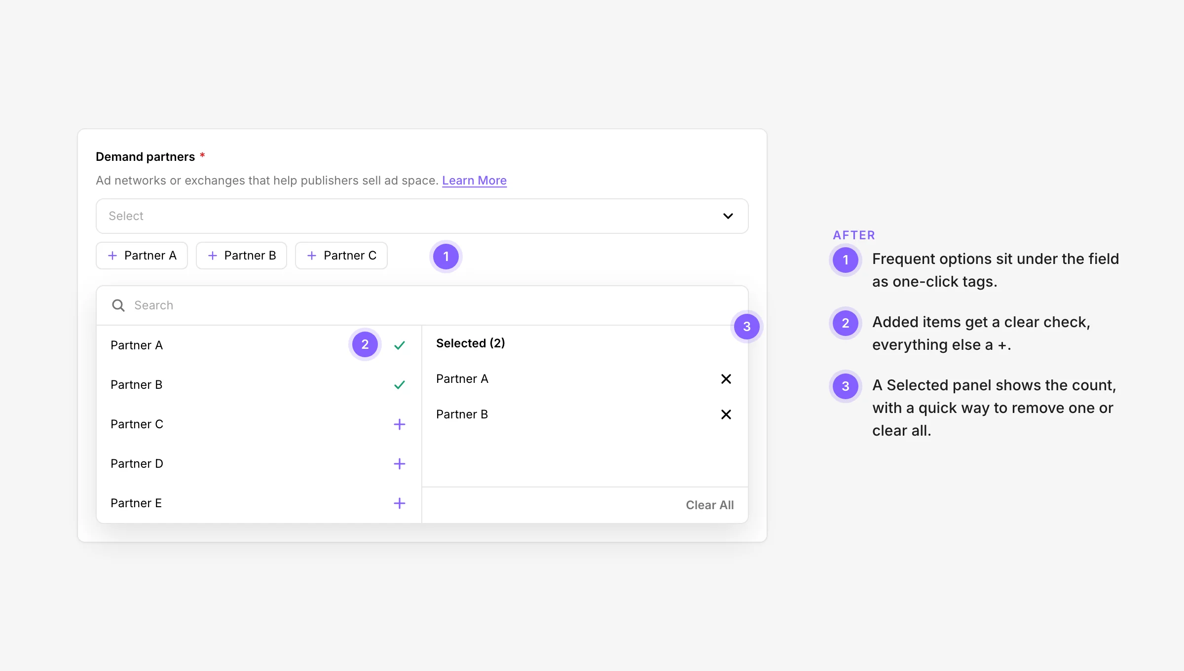 After: a multi-select with quick-select tags, clear add and check states and a Selected panel