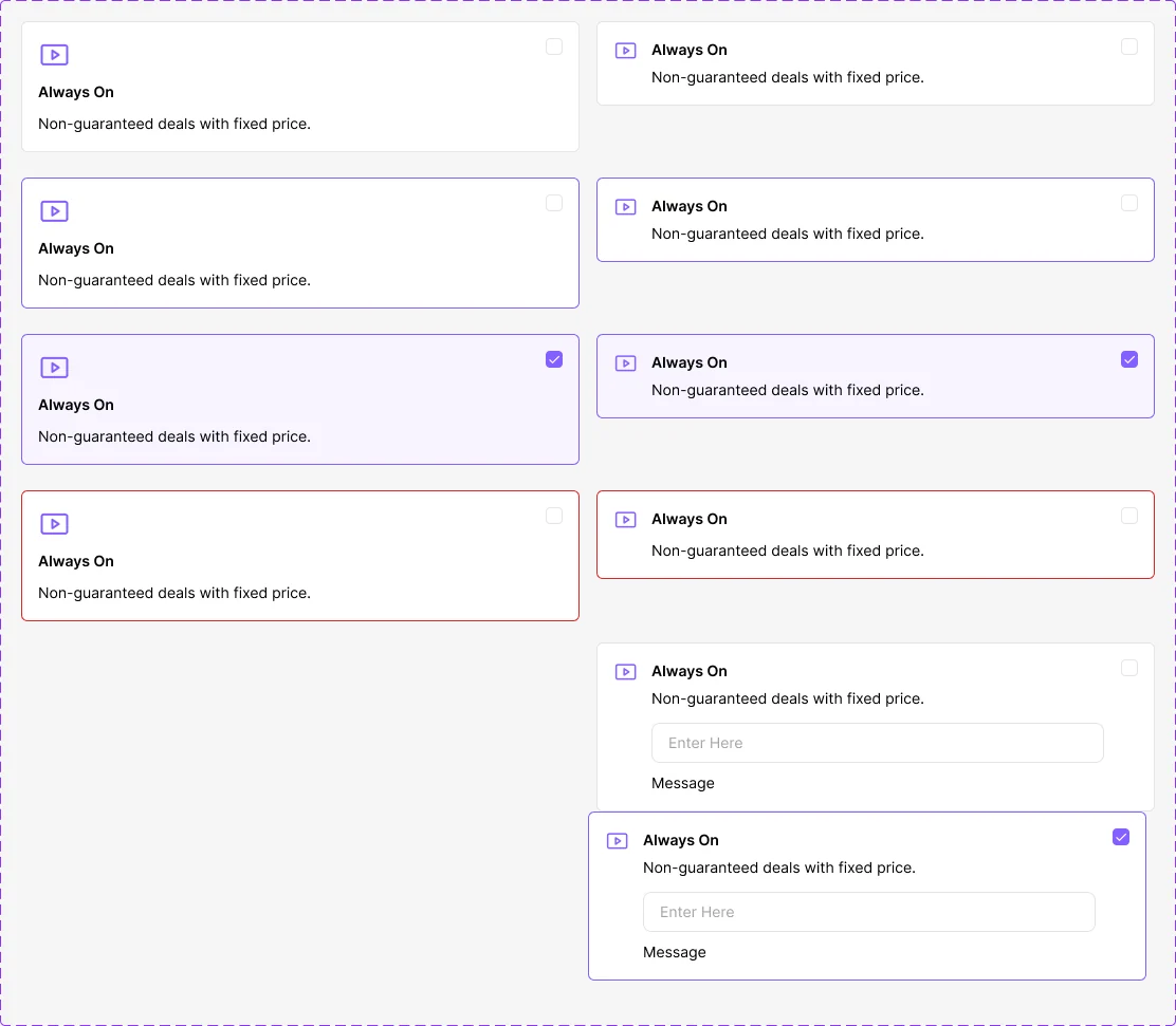 Checkbox cards with an icon, title and description in default, hover, selected and error states, and a card with an input