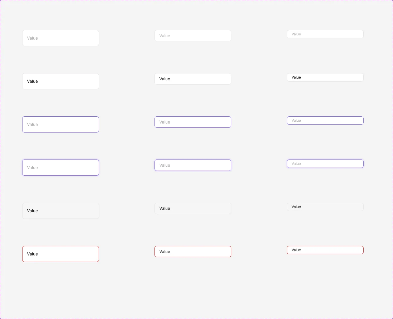 Input field in three sizes across placeholder, filled, hover, focus, disabled and error states