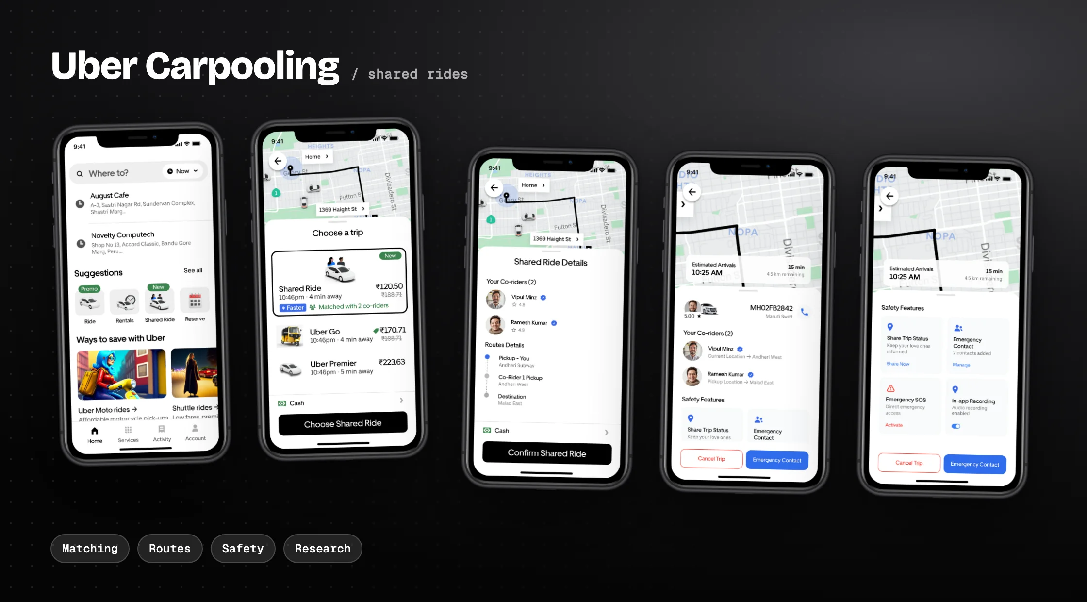 Uber Carpooling redesign: phone screens showing the shared ride flow